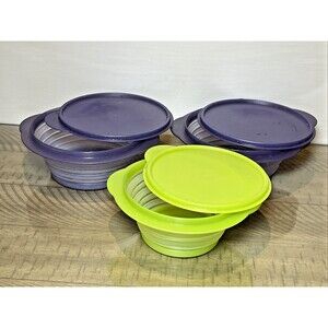 Tupperware Flat Out Collapsible Bowl Container Purple Green #5453 #5452 4C 3C